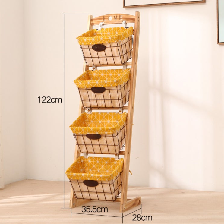 많이 팔린 거실 다용도 바구니 선반 장난감 소품 수납대 스탠드식 가구 수납함 공간 절약 사다리형, 4단옐로우체크라이트스틱개 추천합니다