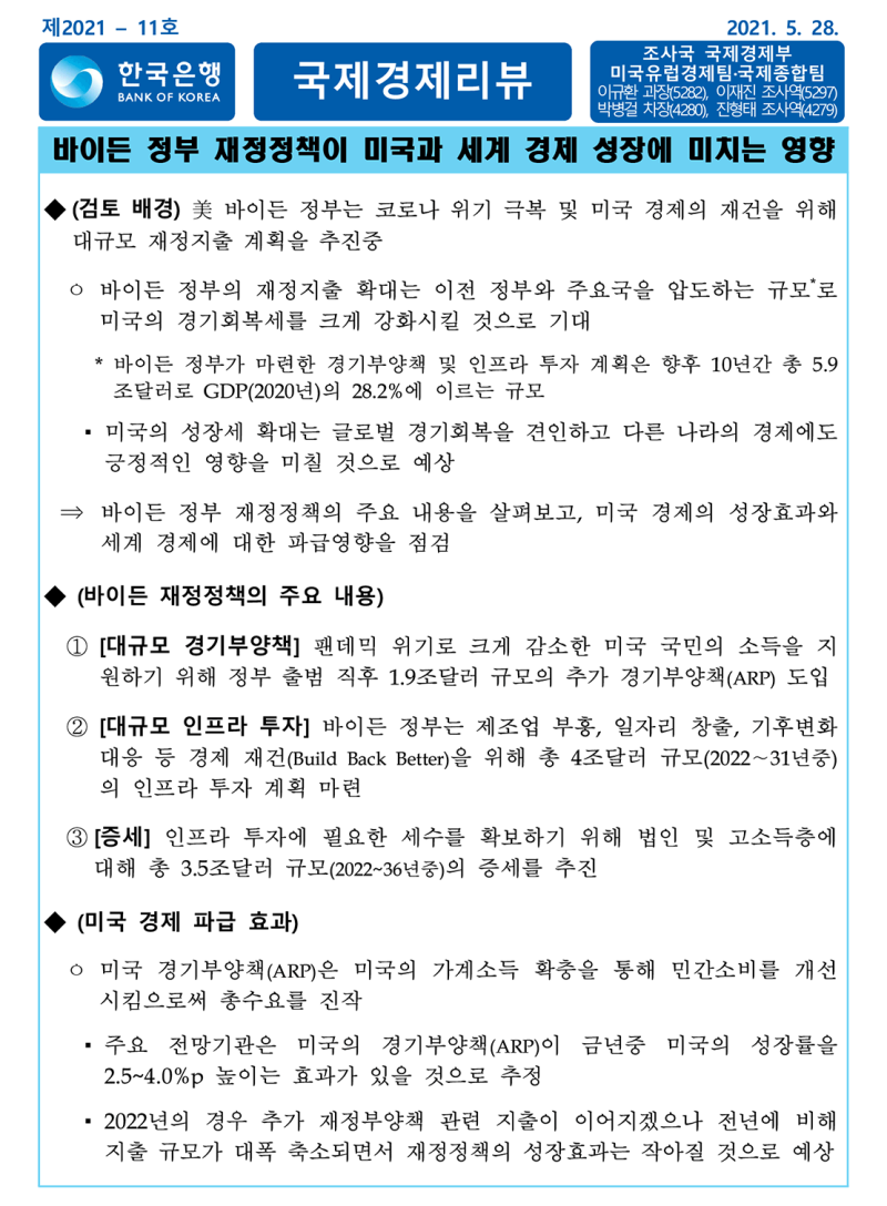 국제경제리뷰—바이든 정부 재정정책이 미국과 세계 경제 성장에 미치는 영향❪제2021-11호❫┃ 2021. 5. 28.┃ 한국은행 :  네이버 블로그