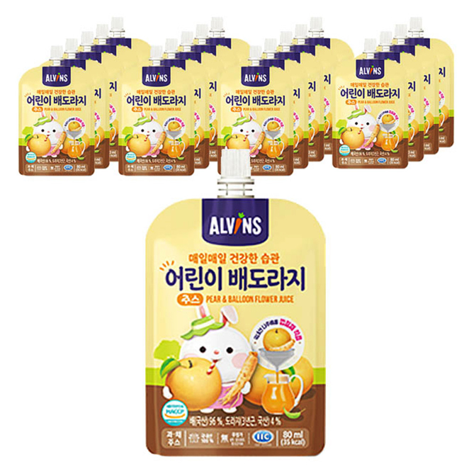 인기 많은 엘빈즈 매일 매일 건강한 습관 어린이 주스 80ml, 배 + 도라지 혼합맛, 20개입 ···