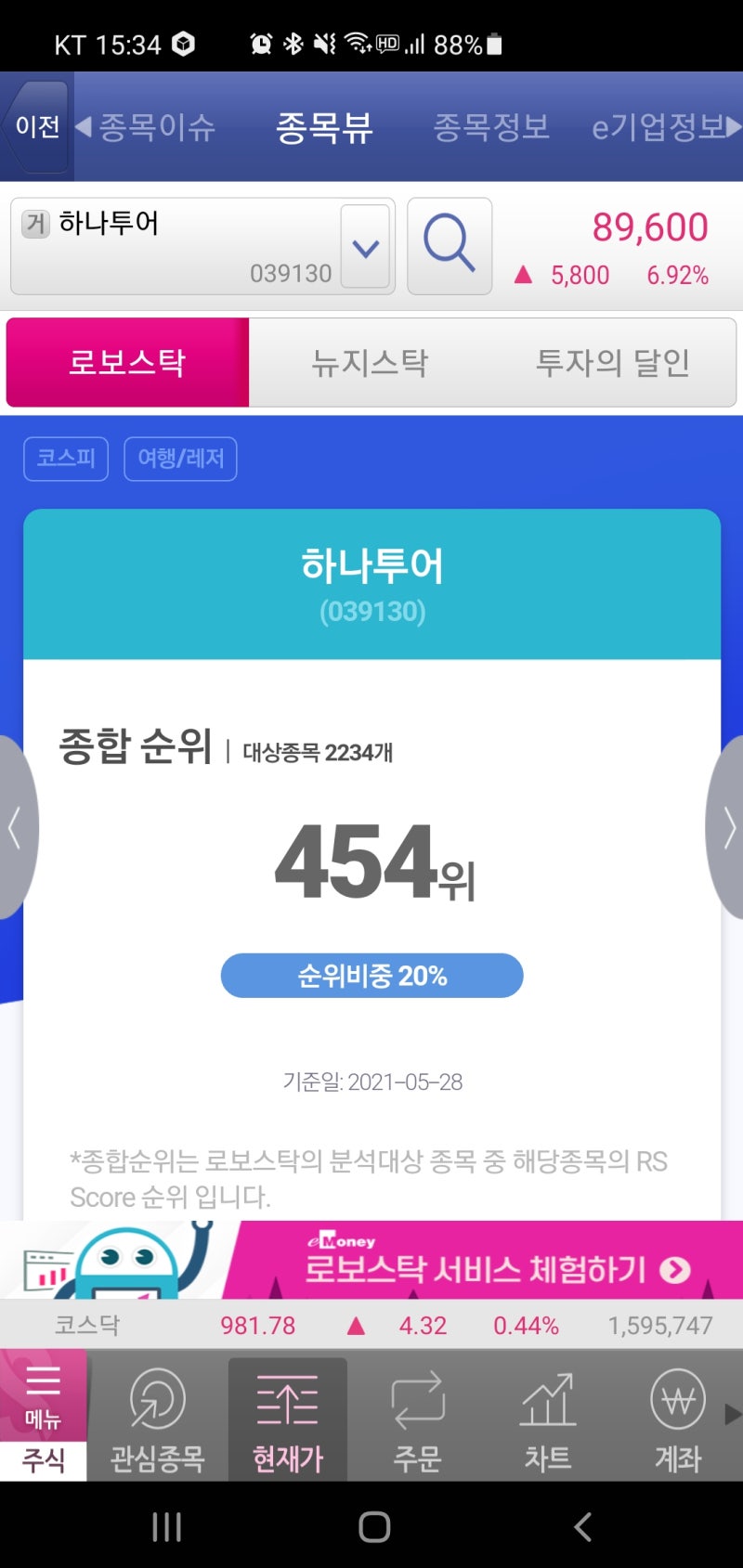 국내주식]210531_하나투어_039130_주간 증권사 기술적 분석,AI 점수,인공지능 점수,투자의견,종합점수,애널리스트 예측 자료  입니다. : 네이버 블로그