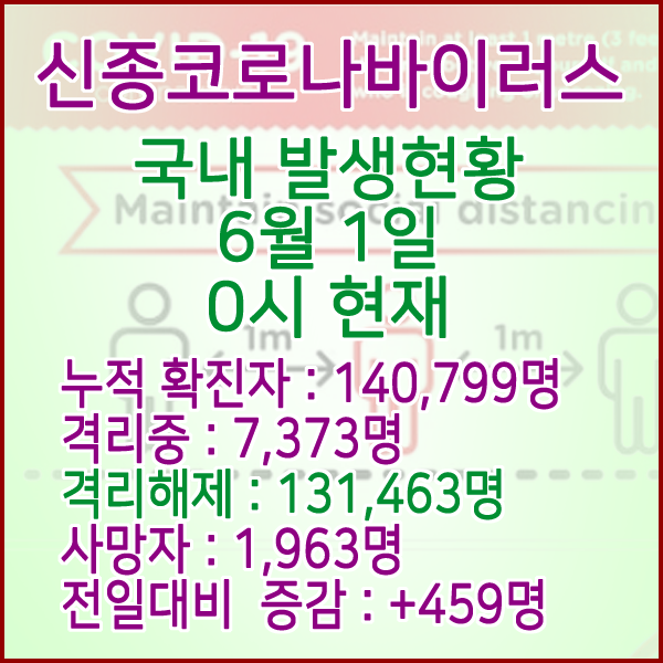  코로나19(코로나바이러스) 6월 1일 0시 국내(해외포함) 발병 140,799명 / 131,463명 완치 격리해제 / 사망자 1,963명