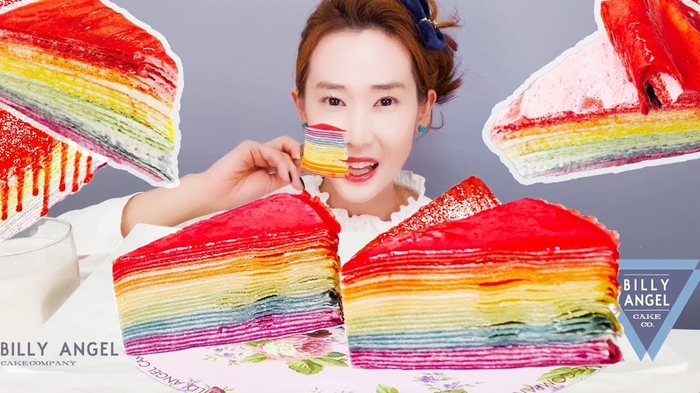 레인보우 크레이프 케이크 리얼사운드먹방 BILLY ANGEL RAINBOW CREPE CAKE REAL SOUND MUKBANG ミルクレープ 蛋糕 러블리솜