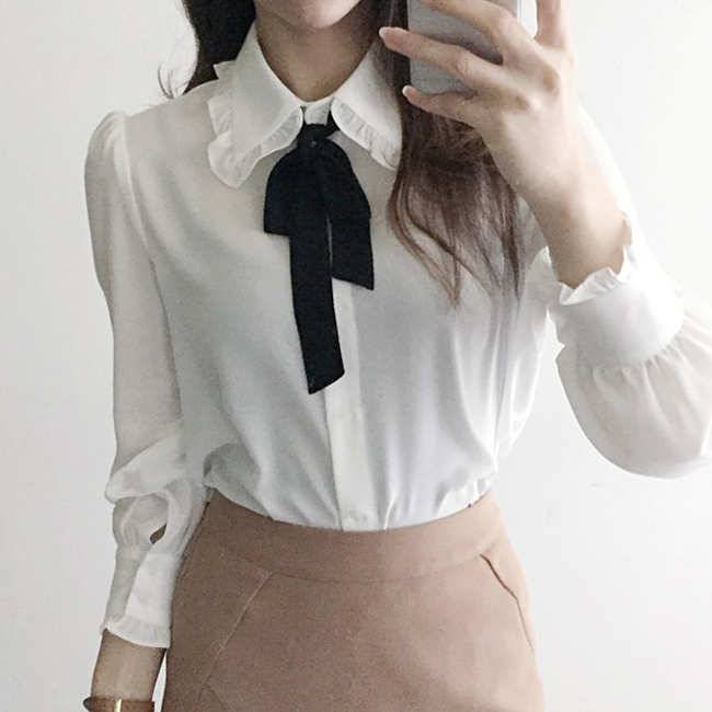 인기있는 탐탐탐 셔링카라 리본 쉬폰블라우스 ··· 인기있는 탐탐탐 셔링카라 리본 쉬폰블라우스 ···