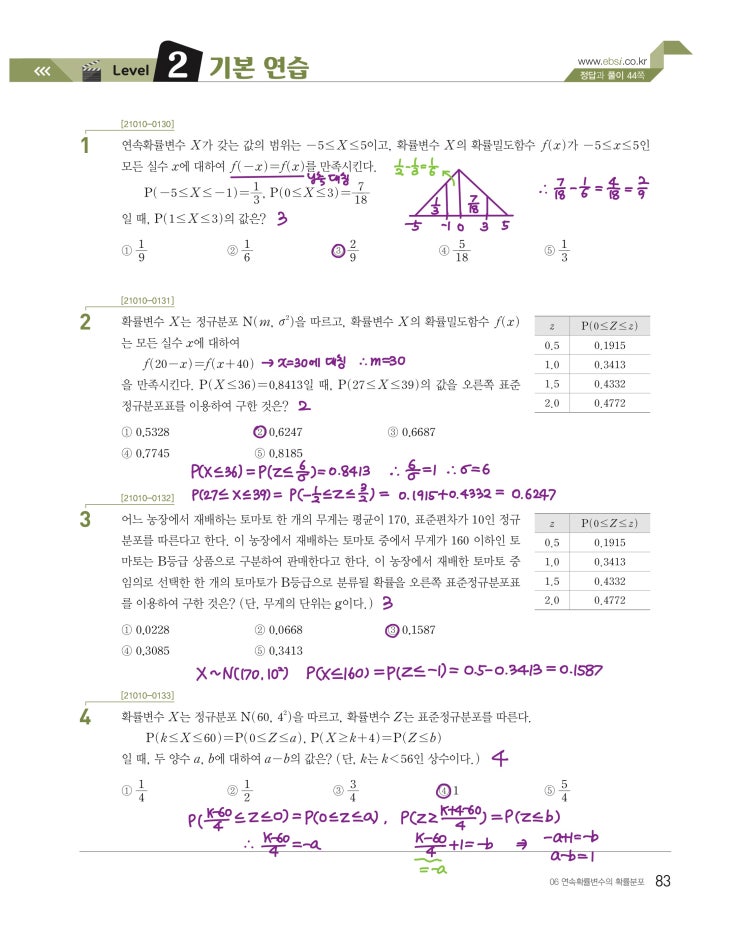 수능특강 확률과 통계 p83, p84) 06 연속확률변수의 확률분포 level 2 문제 및 풀이 수능특강 확률과 통계 p83, p84) 06 연속확률변수의 확률분포 level 2 문제 및 풀이