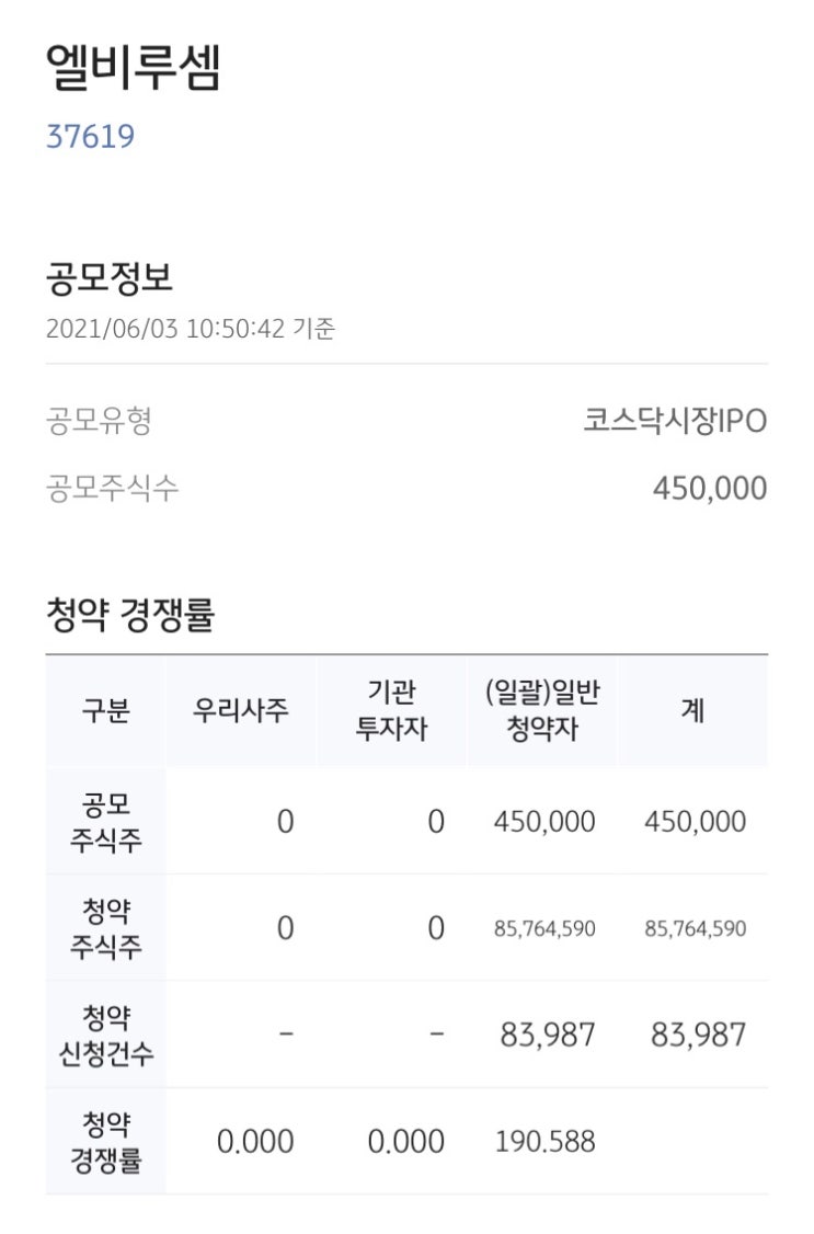 현재 엘비루셈 공모주 청약 경쟁률 (한국투자증권, KB증권)