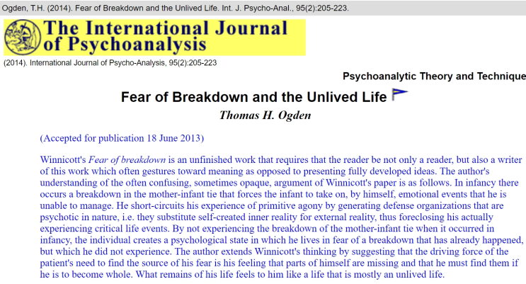 [논문 초록 번역] The Fear of Breakdown and the Unlived Life (토마스 옥덴 저)