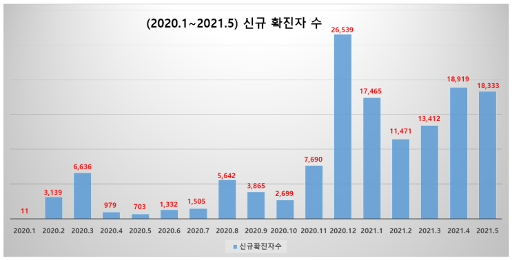  (2020.1~2021.5) 코로나19 월별, 일평균 신규 확진자 수 발생현황 및 백신 접종 완료율, 사회적 거리두기 변동과정