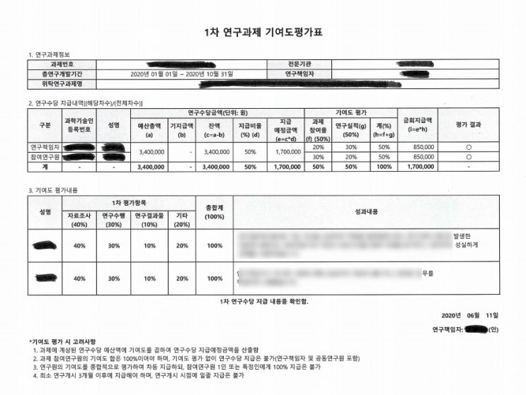  통합이지바로 연구수당 서류 기여도평가표 양식