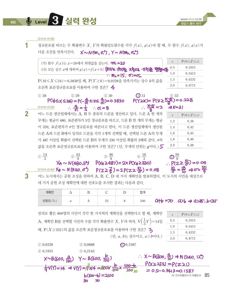 수능특강 확률과 통계 p85) 06 연속확률변수의 확률분포 level 3 문제 및 풀이