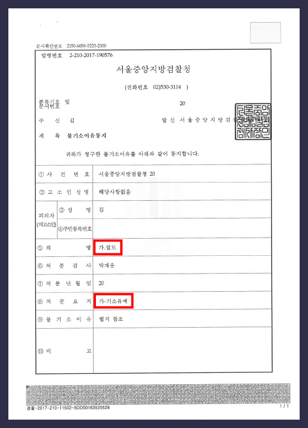  휴대폰절도 의뢰인께 기소유예 받아드린 성공사례