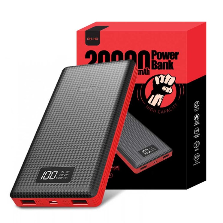 인기 많은 오호 20000mAh LED 듀얼 USB 충전포트 보조배터리, PW02, 블랙 추천해요