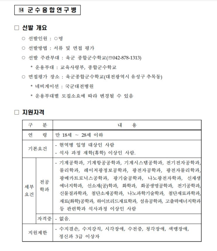 육군 전문특기병 군수융합 연구병 지원자격 제출서류 선발 기준 개요