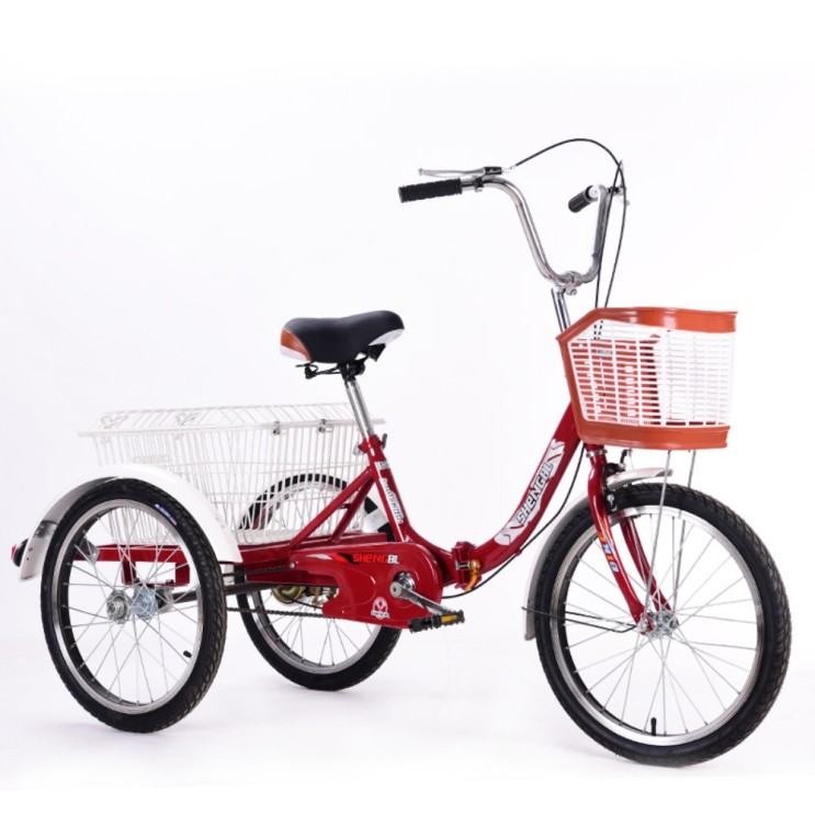 인기있는 세발 자전거 성인용 어른 한강 라이딩 성인 삼륜 자전거 짐칸, 301 야채 바구니 와인 레드 아이언 링 ···