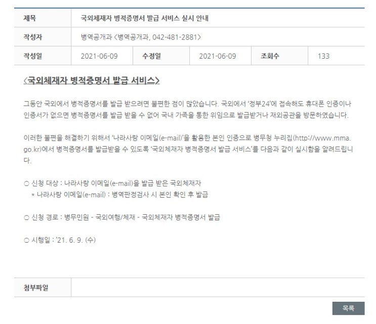 국외체재자 병적증명서 발급 서비스 실시 병무청 나라사랑포털 이메일 정부24