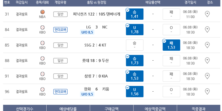 프로토 Proto 8일 KBO 야구 올킬 적중