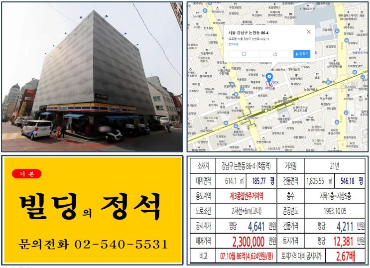 [강남구 연예인 빌딩 200억 꼬마빌딩 실거래가 조회] 논현동 86-4 (학동역) 230억 원, 평당 1억 2,381만 원 매매되었습니다. 영화배우 전지현 빌딩