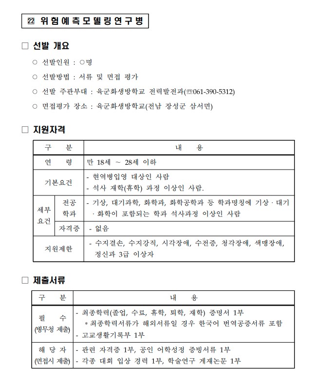  육군 전문특기병 위험예측모델링 연구병 지원자격 제출서류 선발 기준 개요
