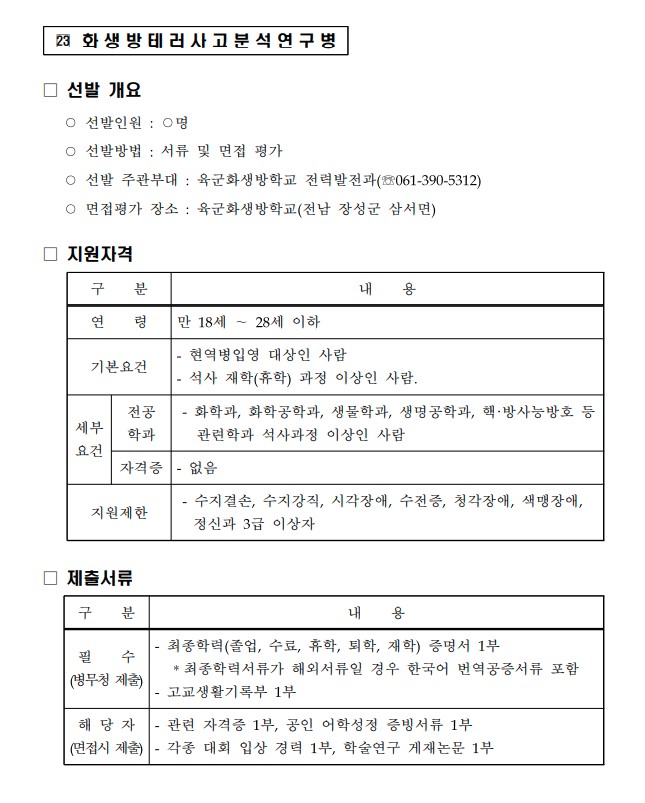  육군 전문특기병 화생방테러사고분석 연구병 지원자격 제출서류 선발 기준 개요