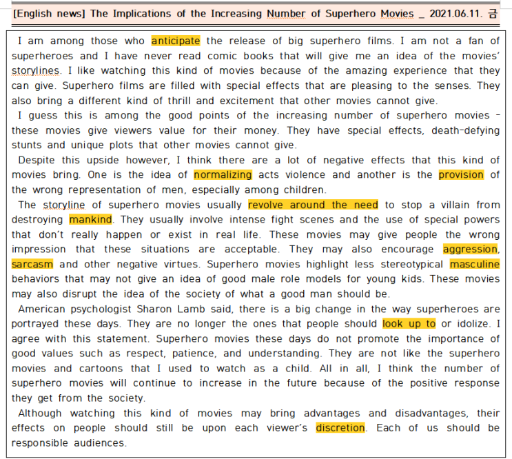  [시사공부] 2021.06.11. 금 / The Implications of the Increasing Number of Superhero Movies