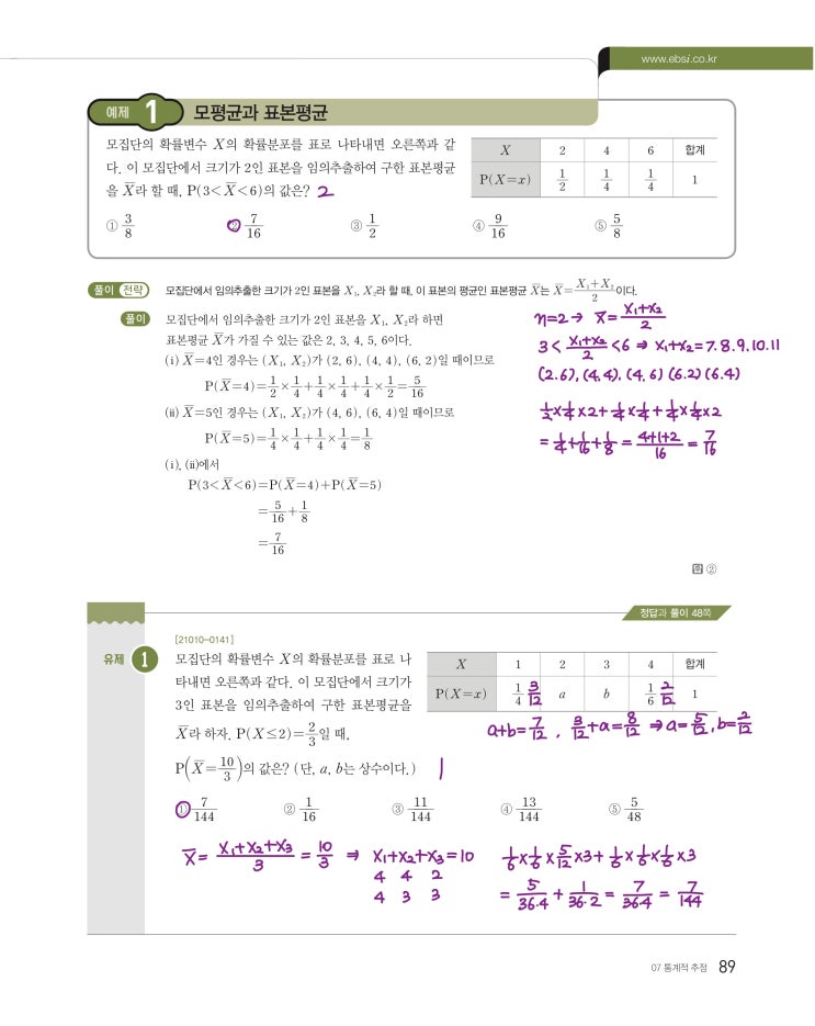 수능특강 확률과 통계 p89, p91) 07 통계적 추정 예제 및 유제 문제 및 풀이 1