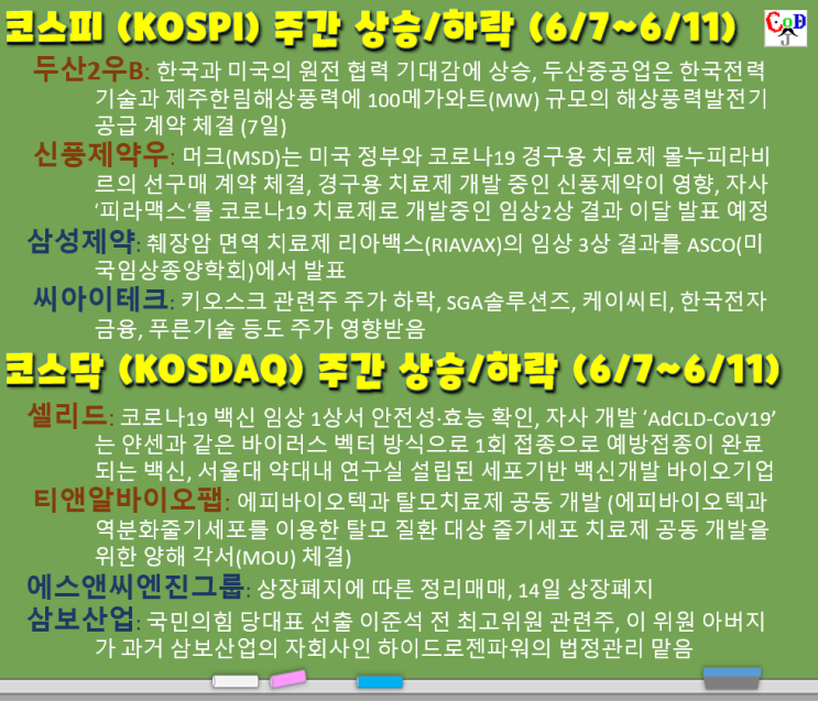  코스피/코스닥 주간 주가 상승/하락 탑20 (두산2우B, 신풍제약우, 삼성제약, 씨아이테크, 셀리드, 티앤알바이오팹, 에스앤씨엔진그룹, 삼보산업, 6/7~6/11, W23)