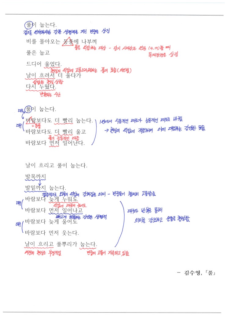 김수영 - 풀 해석 / 해설 / 분석 / 정리