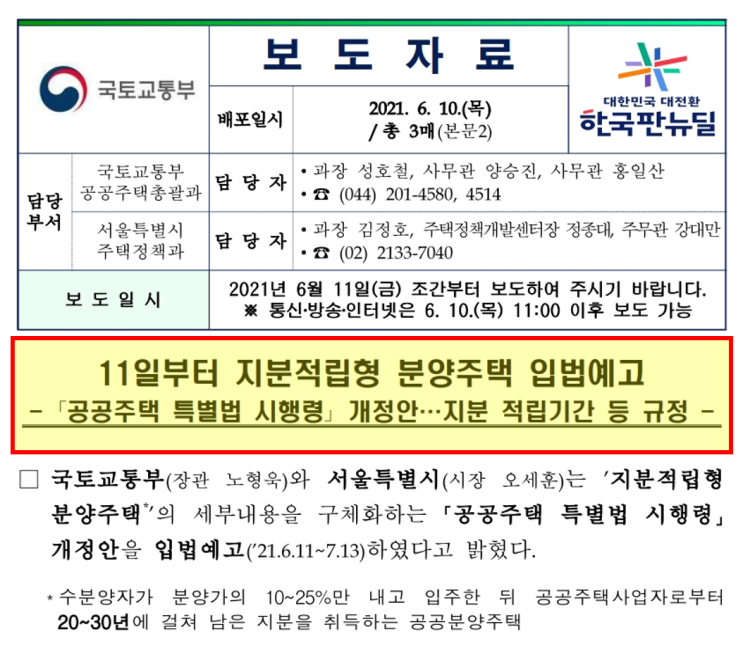  지분적립형 분양주택 입법예고 』공공주택 특별법 시행령』 개정안