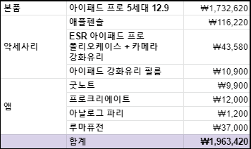  [내돈내산 후기] 아이패드 프로 5세대 12.9 언박싱 + 악세사리 + 앱 구입 비용 총정리 (애플펜슬 2세대, ESR 케이스, 카메라필름, 강화유리 필름)