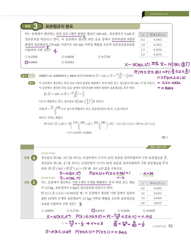 수능특강 확률과 통계 p93, p95) 07 통계적 추정 예제 및 유제 문제 및 풀이 2