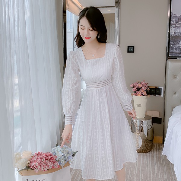  선호도 높은 셔츠원피스 102464 2021 이른 봄과 가을 새로운 숙녀 꽃 흰색 레이스 바닥 드레스 여신 팬 고급 기질 추천합니다