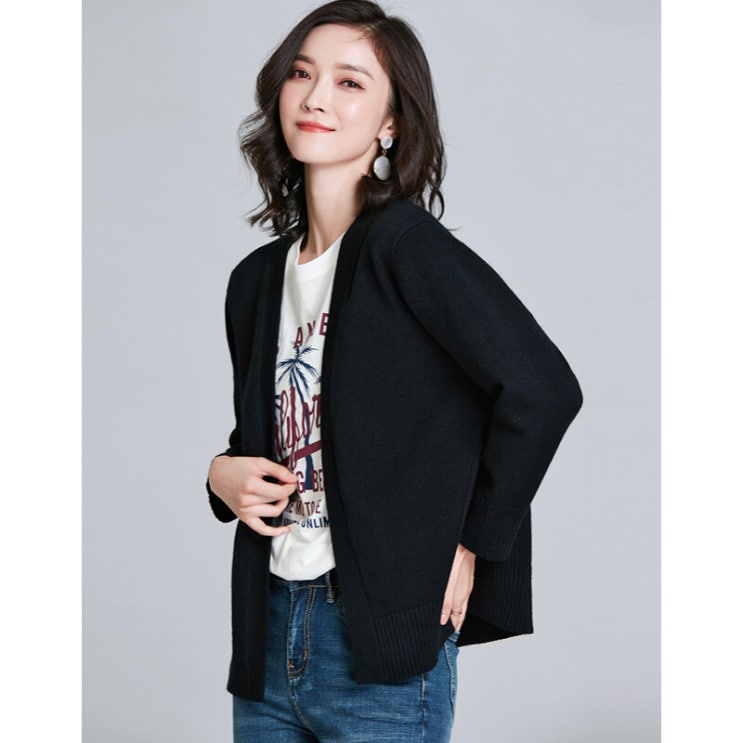 후기가 정말 좋은 코트 여자 한국 판 2020 첫 여성복 루즈 핏 긴팔 상의 짧 은 니 트 블랙 추천해요