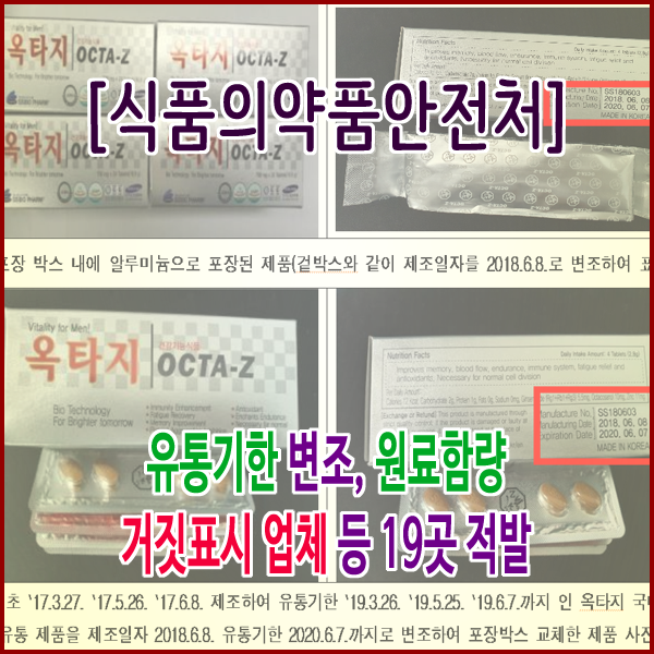  [식품의약품안전처] 유통기한 변조, 원료함량 거짓표시 업체 등 19곳 적발