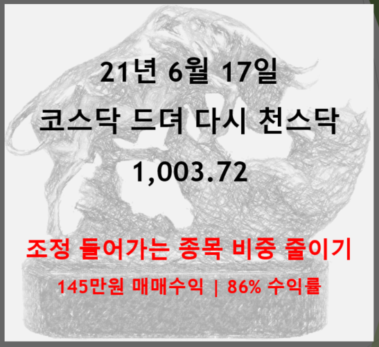  21년06월17일 매매복기 : 코스닥 드뎌 천스닥 입성 (feat. 조정들어가는 종목 비중 줄이기, 145만원 매매수익, 86% 매매수익)