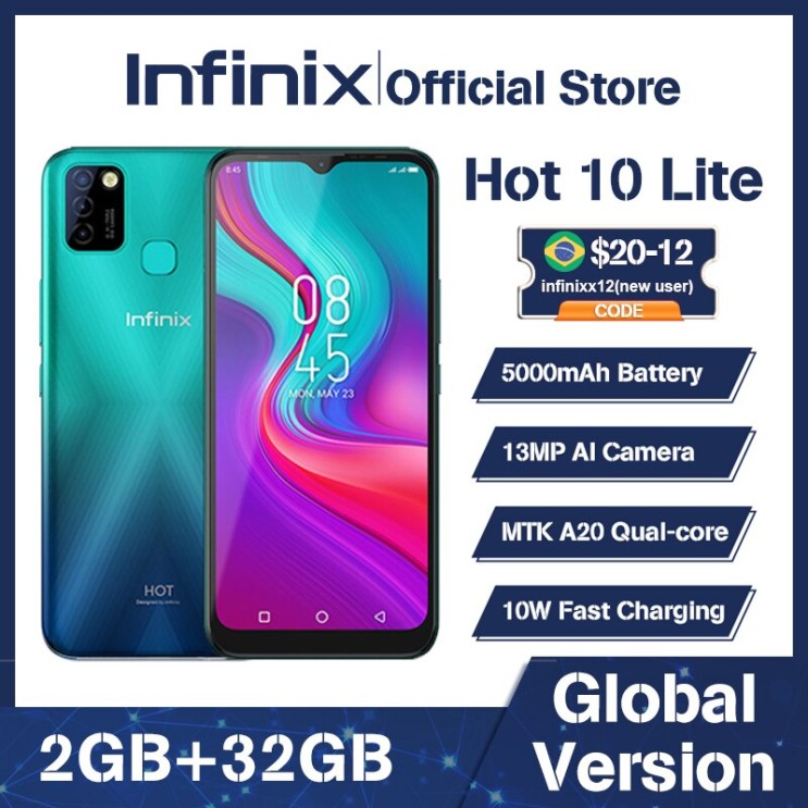 인기 급상승인 100% Original Infinix Hot 10 Lite 글로벌 버전 스마트 폰 6.6 인치 Helio A20 2GB 32GB 페이스 잠금 해제 13MP 트리플