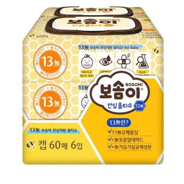 인기있는 보솜이 안심 일회용 물티슈 60매 6개, 단품, 단품 ···