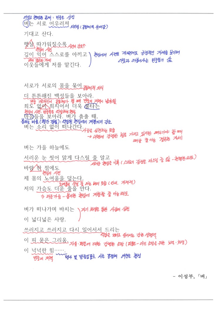  이성부 - 벼, 해석 / 해설 / 분석 / 정리