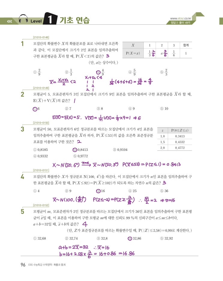 수능특강 확률과 통계 p96) 07 통계적 추정 level 1 문제 및 풀이