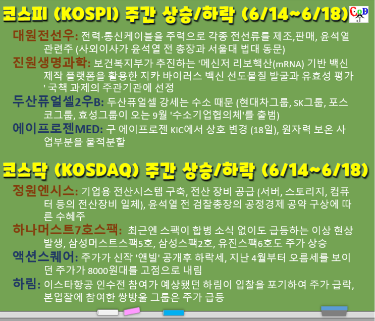  코스피/코스닥 주간 주가 상승/하락 탑20 (대원전선우, 진원생명과학, 두산퓨얼셀2우B, 에이프로젠MED, 정원엔시스, 하나머스트7호스팩, 액션스퀘어, 6/14~6/18, W24)