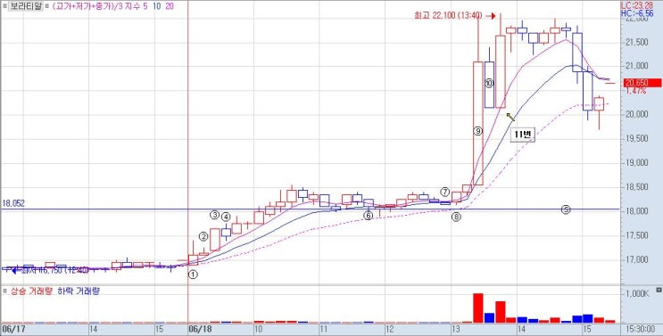 보라티알 주식 눌림목 캔들 쌍 바닥 출현 후 급등 모양