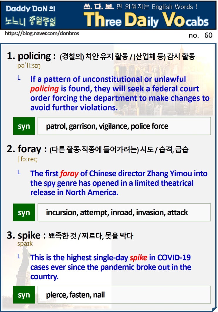  【영어】 쓰다보면 외워지는 영어 단어 - policing, foray, spike