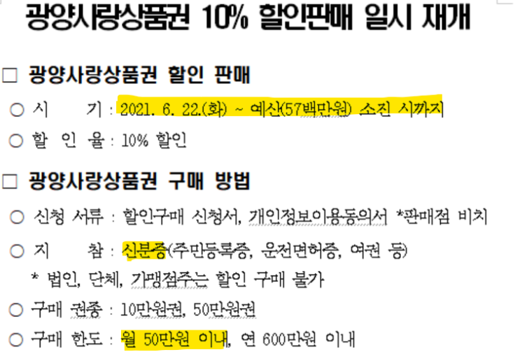  광양사랑상품권 10%할인판매 재개