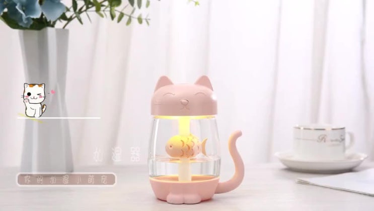 가성비 좋은 준스브로 귀여운 고양이 미니 가습기 램프 선풍기 USB충전 300ml, 핑크 ···