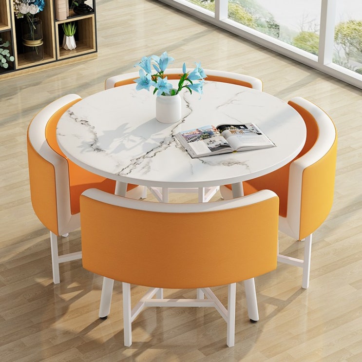 잘팔리는 북유럽 카페 식당 4인 식탁 테이블 의자 세트 38종, 원형 오렌지-대리석화이트 ···