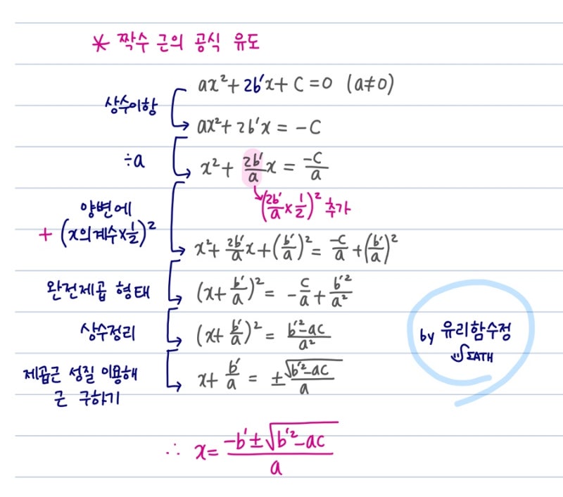 중3 수학. 근의 공식(짝수 근의 공식) 유도, 판별식 D : 네이버 블로그