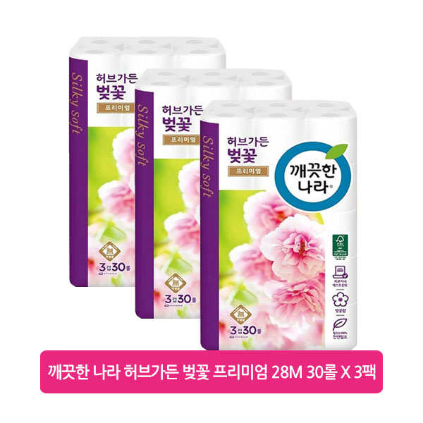 가성비갑 깨끗한나라 허브가든 벚꽃 프리미엄 3겹데코 롤화장지, 30롤, 3팩 좋아요