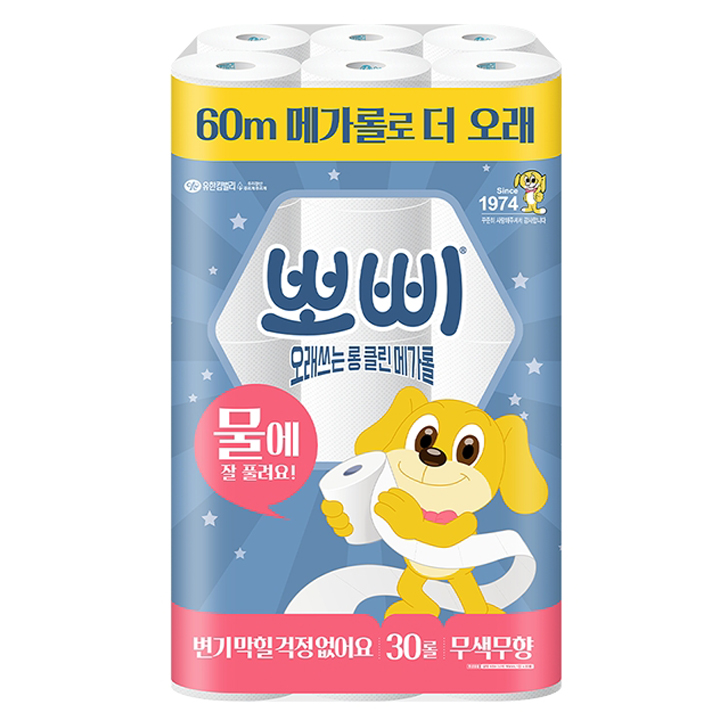 잘팔리는 뽀삐 롱 클린 메가롤 화장지 60m, 30롤, 1개 ··· 잘팔리는 뽀삐 롱 클린 메가롤 화장지 60m, 30롤, 1개 ···