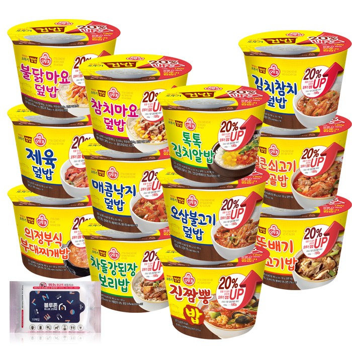 최근 많이 팔린 오뚜기 컵밥 증량Up! 12종 (김치참치+톡톡+참치마요+불닭마요+얼큰쇠고기+매콤낙지+제육+오삼+뚝불+진짬뽕+차돌+부대찌개) + 블루존물티슈, 1세트 좋아요 최근 많이 팔린 오뚜기 컵밥 증량Up! 12종 (김치참치+톡톡+참치마요+불닭마요+얼큰쇠고기+매콤낙지+제육+오삼+뚝불+진짬뽕+차돌+부대찌개) + 블루존물티슈, 1세트 좋아요