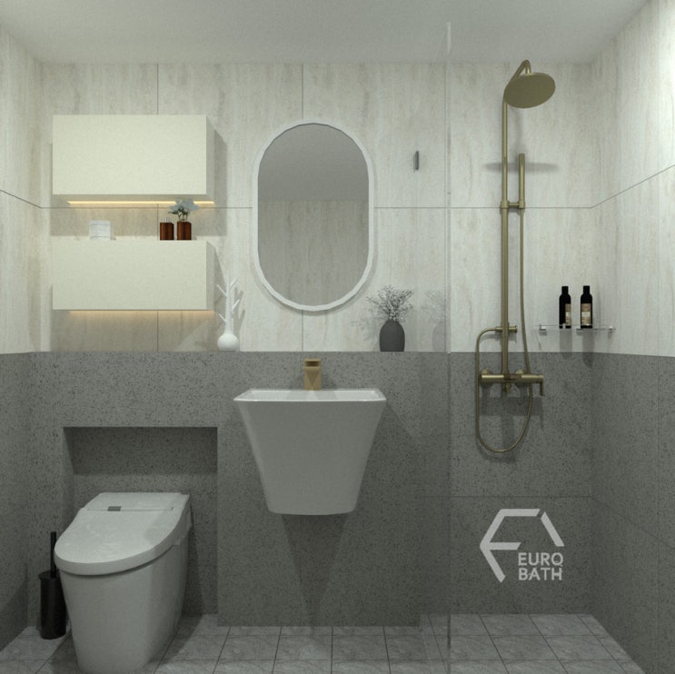 투톤 욕실 디자인 테라조 타일 3D로 환한 화장실을 만들어 보았어요~