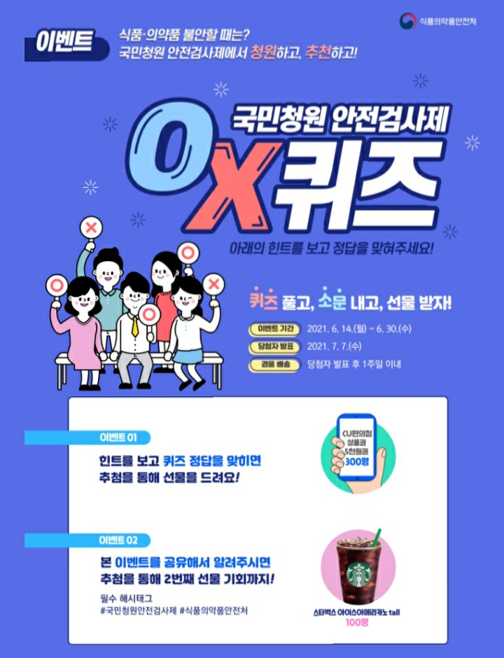 [2021/6/14~6/30] 식품의약품안전처, 국민청원 안전검사제 OX퀴즈 편의점상품권 300명