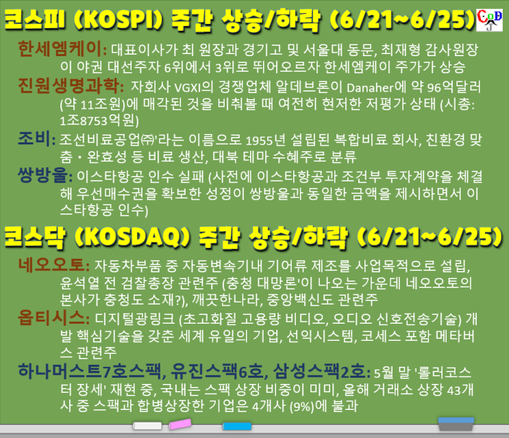  코스피/코스닥 주간 주가 상승/하락 탑20 (한세엠케이, 진원생명과학, 조비, 쌍방울, 네오오토, 옵티시스, 하나머스트7호스팩, 유진스팩6호, 6/21~6/25, W25)